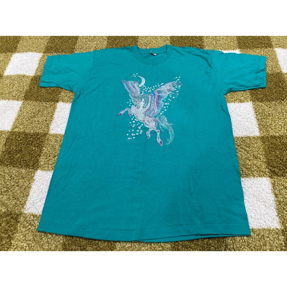 Vintage Fruit of the Loom Pegasus Unicorn T Shirt Teal XL Single Stitch 90s